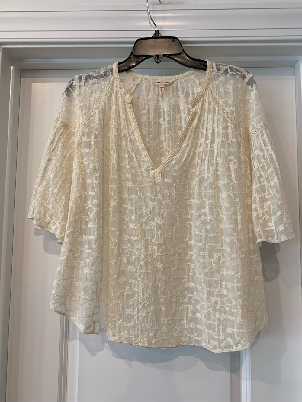 Rebecca Taylor Cream Textured V-Neck Flowy silk blouse 4